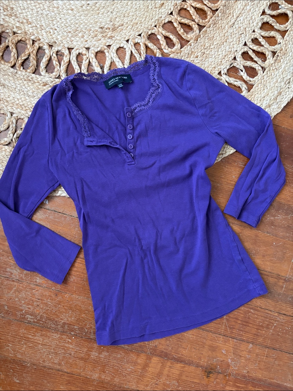Jones New York Deep Purple Lace-Trim Long Sleeve Henley